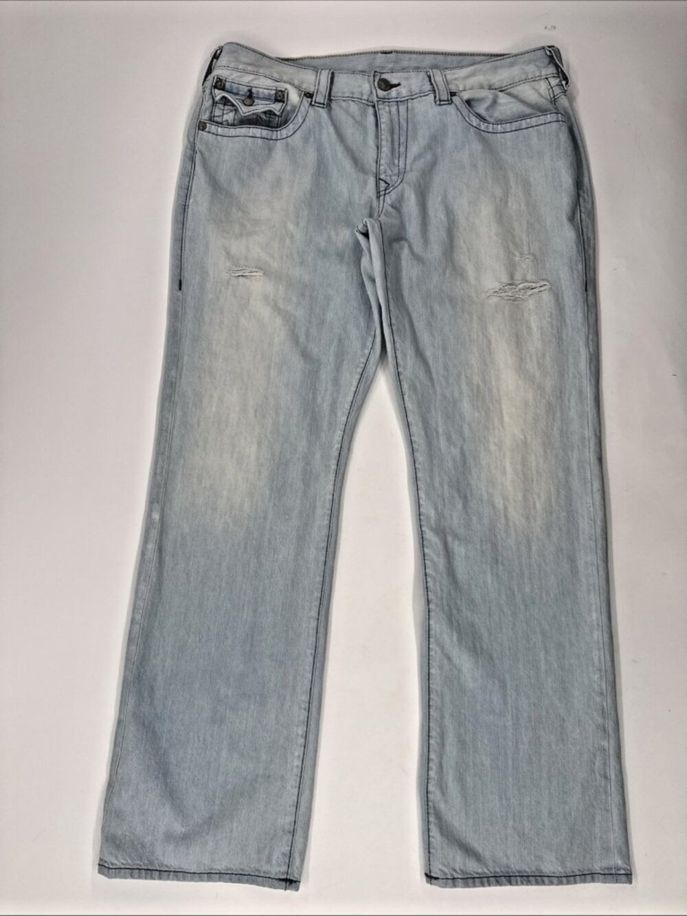 True Religion Jeans Mens 38x34 Ricky Light Blue Denim Distressed Flap Pockets